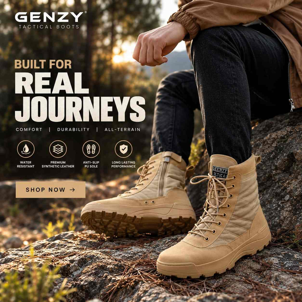 GENZY camel tactical boots for men in Pakistan with rugged outdoor design