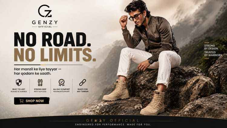 A promotional outdoor-style ad featuring a man sitting on a rock in a mountainous setting, wearing a dark brown jacket, white pants, and beige boots. Large text reads 'NO ROAD.